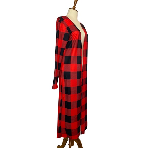 Red & Black Buffalo Plaid Long Sleeve Duster Cardigan - Picture 10 of 16